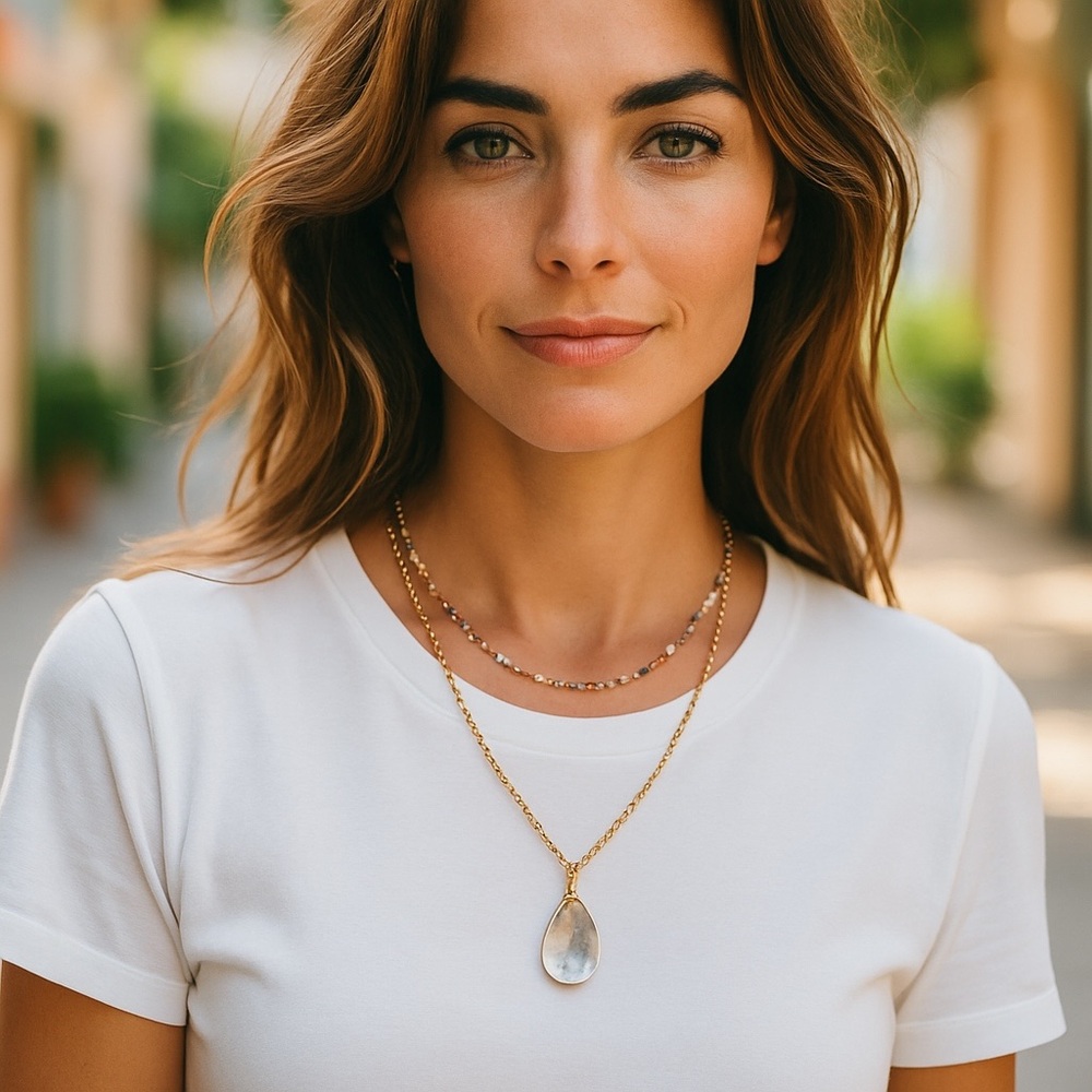 Elegant Gold Double Layer Necklace with Prasiolite Teardrop Pendant NWT